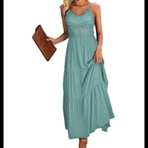 Dokuritu Womens Beach Crochet Lace Maxi Dress Solid Color Sage Green Wedding